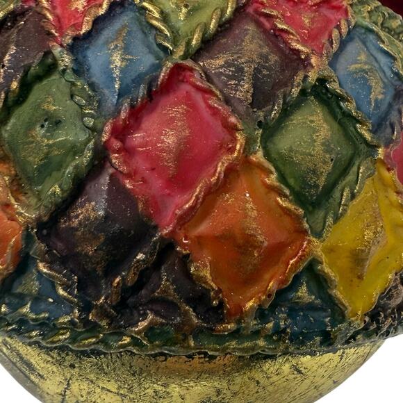 Vintage Harlequin Paper Mache Christmas Ornament Ball with Red Bow - Picture 2 of 6